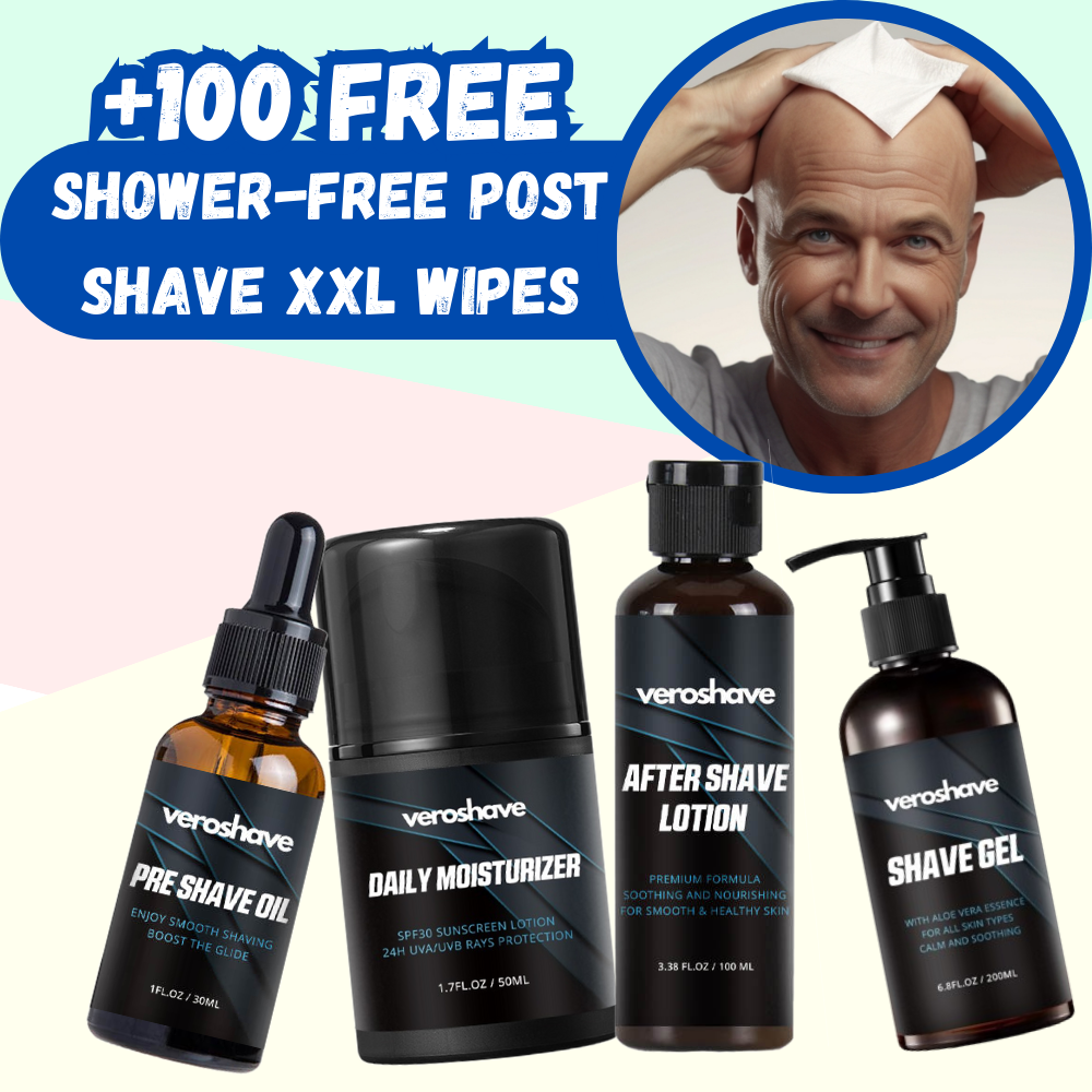 Bald Care Kit - PRE SHAVE OIL + SHAVE GEL + AFTERSHAVE + DAILY 30SPF MOISTURIZER + 100 FREE WIPES