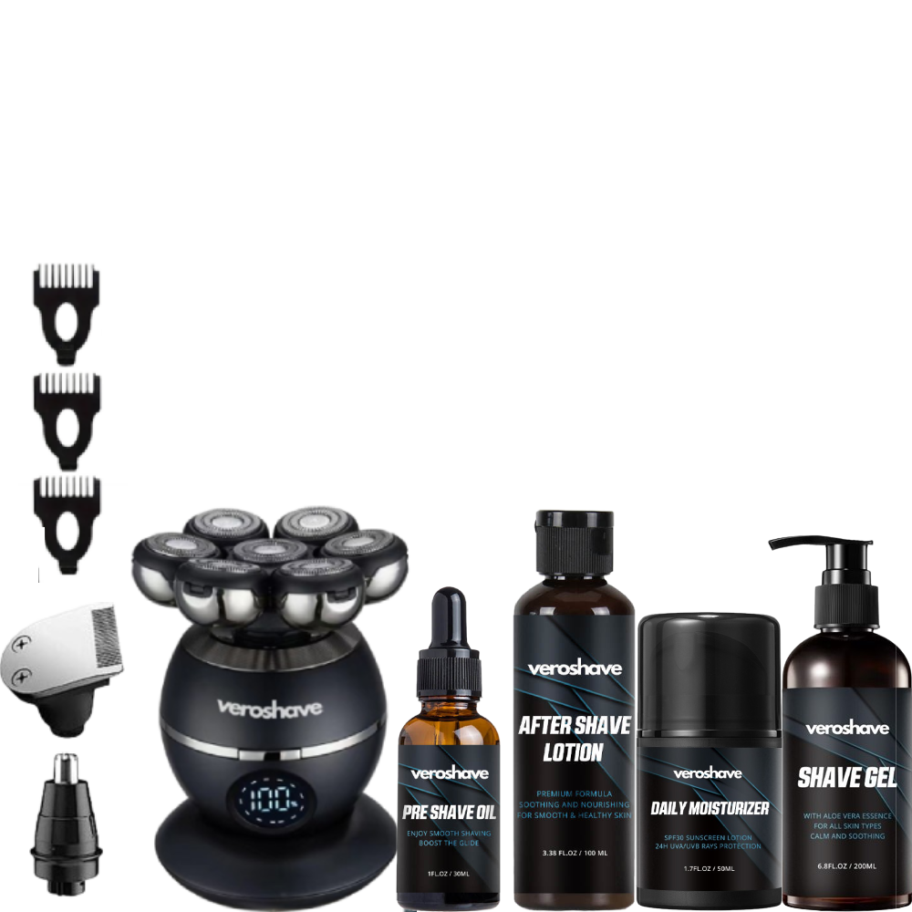 Veroshave NO BS BUNDLE - Head Shaver + Accessories + Wireless Charger + Pre Shave Oil + After Shave + Shave Gel + Daily Moisturizer 30SPF