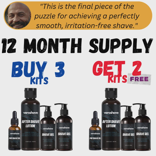 12 MONTH SUPPLY - Bald Care Kit - PRE SHAVE OIL + SHAVE GEL + AFTERSHAVE + DAILY 30SPF MOISTURIZER - BUY 3 KITS GET 2 FREE