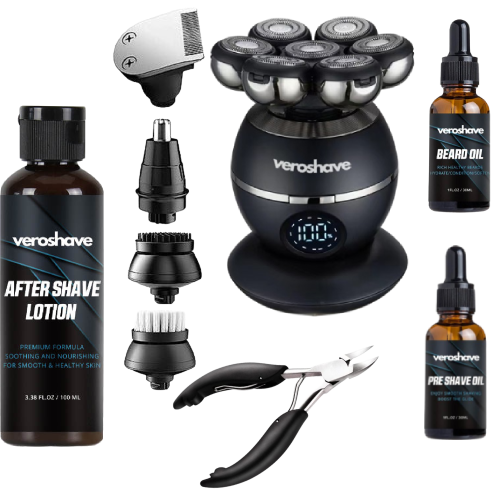Veroshave Mega Kit - Head Shaver + Lotion + Pre-Shave Oil + Beard Oil + Premium Nail Clipper + Accessories + Wireless Charger