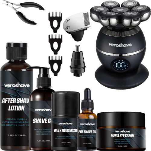 Veroshave REAL-MAN BUNDLE - Head Shaver + Accessories + Wireless Charger + Pre Shave Oil + After Shave + Shave Gel + Daily Moisturizer 30SPF + Professional Nail Clipper + Eye Cream