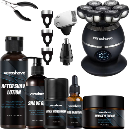 Veroshave REAL-MAN BUNDLE - Head Shaver + Accessories + Wireless Charger + Pre Shave Oil + After Shave + Shave Gel + Daily Moisturizer 30SPF + Professional Nail Clipper + Eye Cream